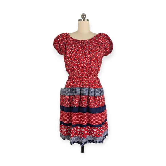 Vintage Dress Bandana Print Fit Flare Short Sleeve Patriotic July Navy Red M - Picture 1 of 11